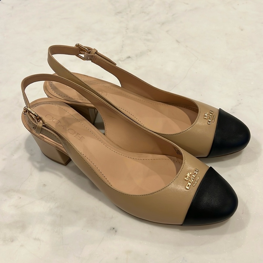 COACH Erica Slingback Block Heels 8.5 Tan Black
